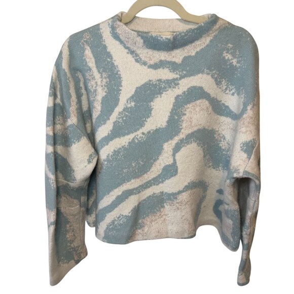 Anthropologie Pale Blue & Ivory Intarsia Wave Pullover Sweater Size L - Picture 1 of 8